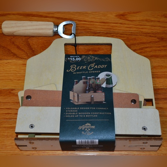 Foldable wooden beer caddy with bottle opener - NEW - Picture 2 of 11